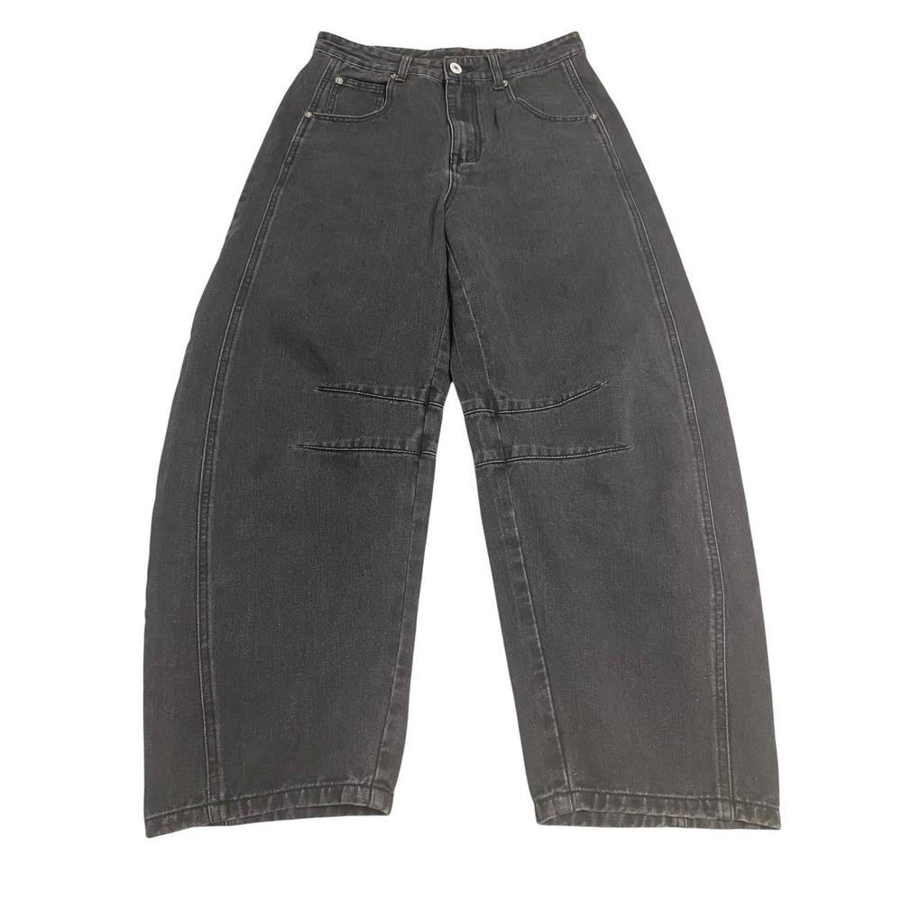 Women's Barrel Leg Jeans M Medium Black High Rise Cropped Balloon Seam Detail